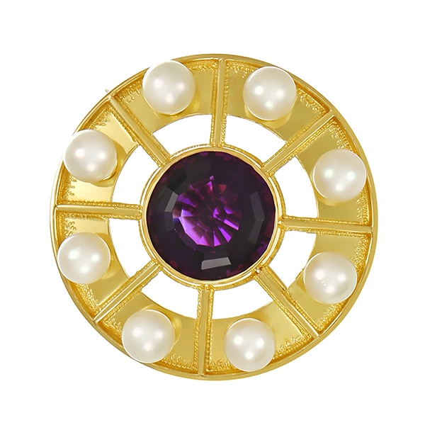 Brosche, 18k, Gelbgold, Amethyst, Zuchtperlen 