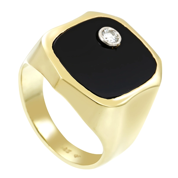 Herrenring, 14K, Gelb-/Weißgold, Onyx, Brillant 