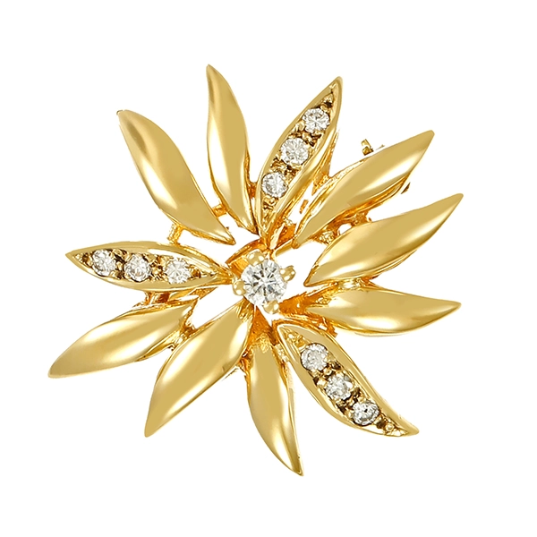 Brosche, 14K, Gelbgold, Brillanten, Blume