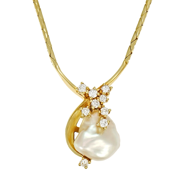 Collier, 14K, Gelbgold, Perle, Brillanten