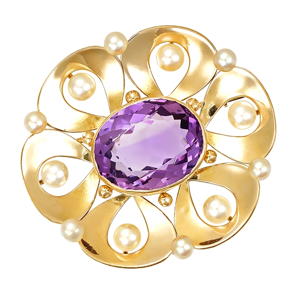 Brosche, 14K, Gelbgold, Amethyst, Perlen