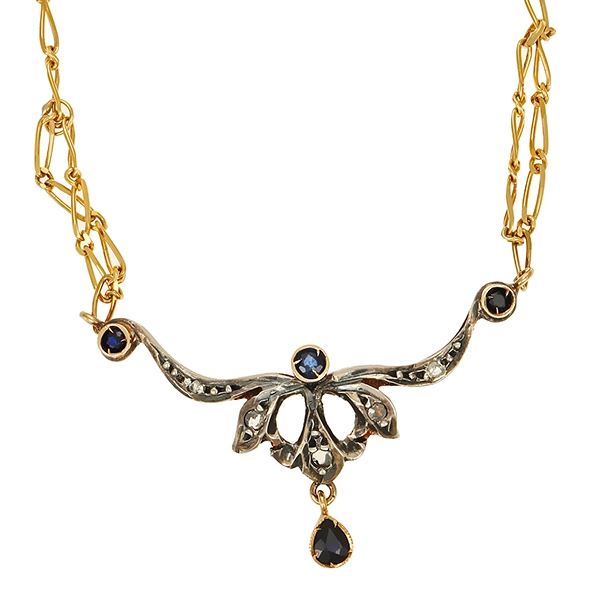 Collier, 18K, Gelb-/Weißgold, Diamantrosen,Saphir 