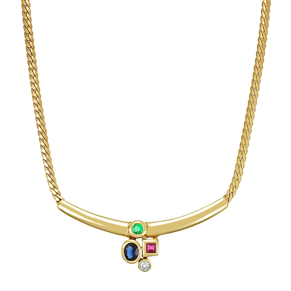 Collier, 14K, Gelbgold, Rubin, Saphir, Smaragd, Brillant