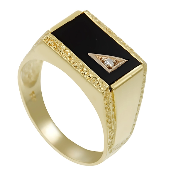 Herrenring, 14K, Gelbgold, Onyx, Diamant