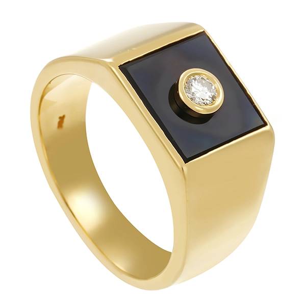 Herrenring, 18K, Gelbgold, Onyx, Brillant