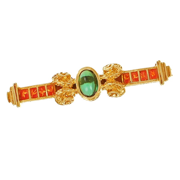 Brosche, 18K, Gelbgold, Turmalin, Emaille