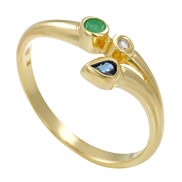 Ring, 14K, Gelbgold, Saphir, Smaragd, Brillamt 