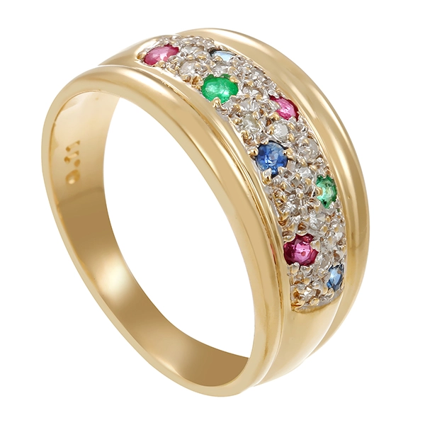 Ring, 14K, Gelb-/Weißgold, Diamanten, Saphir, Rubin, Smaragd