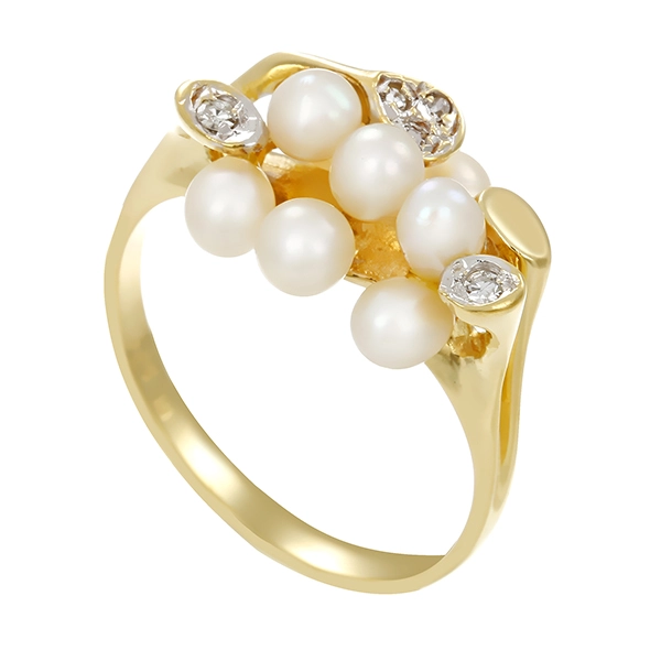 Ring, 14K, Gelbgold, Diamanten, Zuchtperlen 