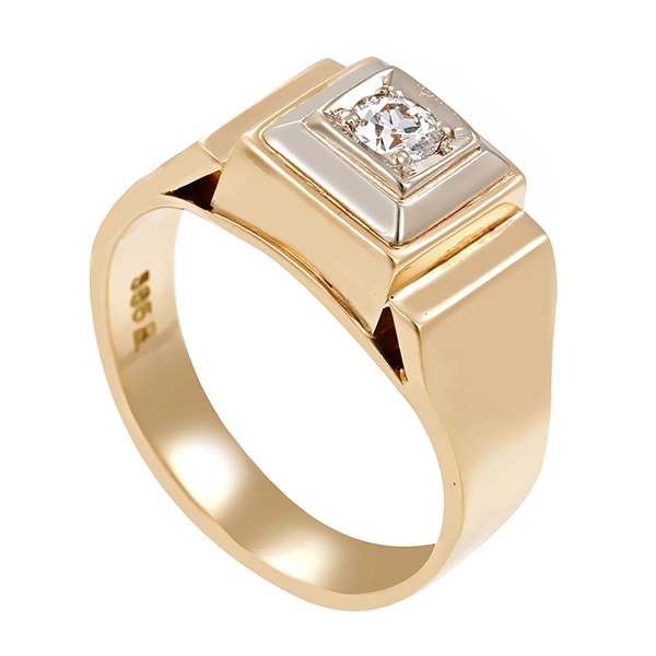 Herrenring, 14K, Gelb-/Weißgold, Diamant 0,12 ct