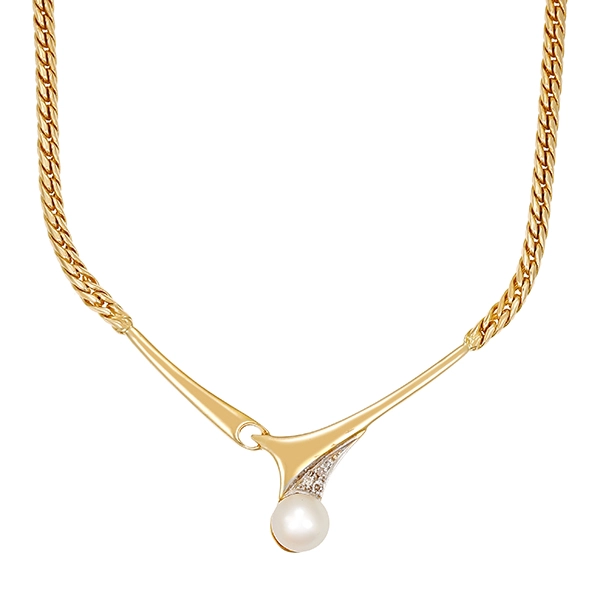 Collier, 14K, Gelbgold, Perle, Diamanten