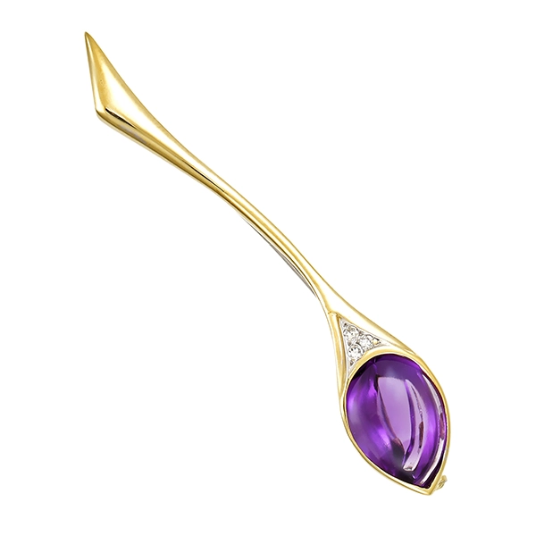 Brosche, 14K, Gelbgold, Amethyst, Diamanten