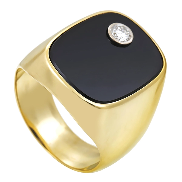 Herrenring, 14K, Gelbgold, Onyx, Brillant