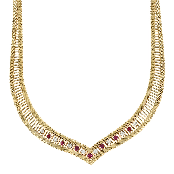 Collier, 14K, Gelbgold, Rubin, Brillant