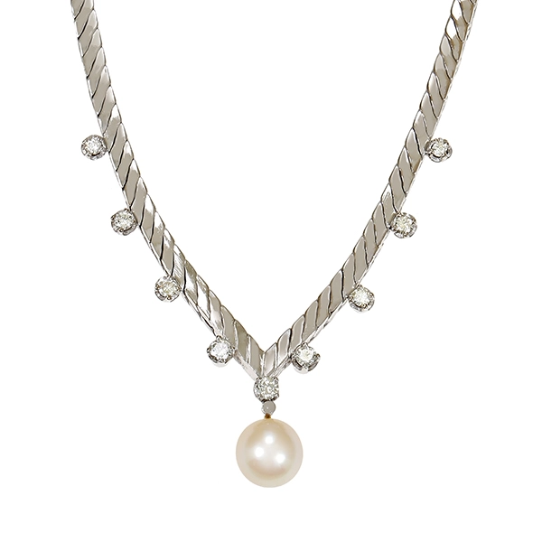 Collier, 14K, Weißgold, Perle, Brillanten