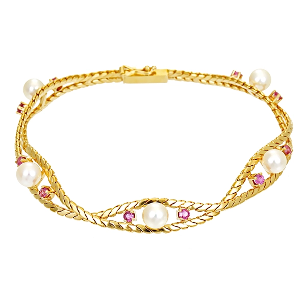 Armband, 14K, Gelbgold, Rubin, Perle