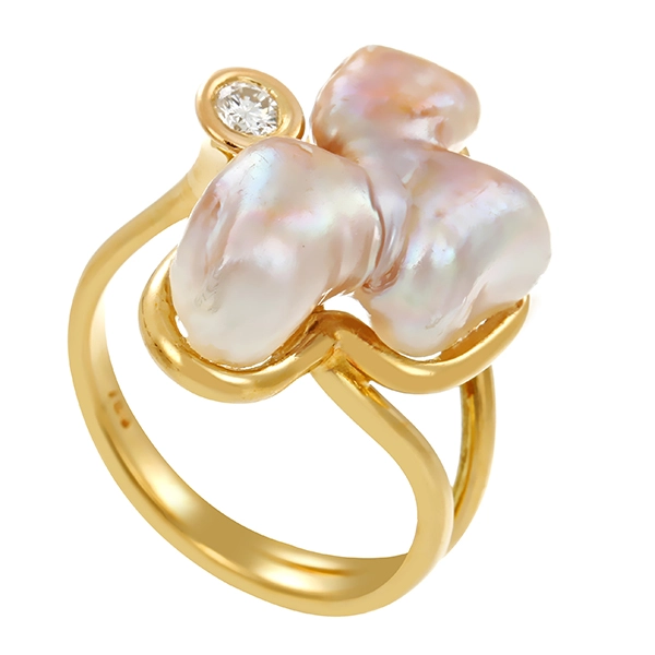 Ring, 18K, Gelbgold, Perle, Brillant