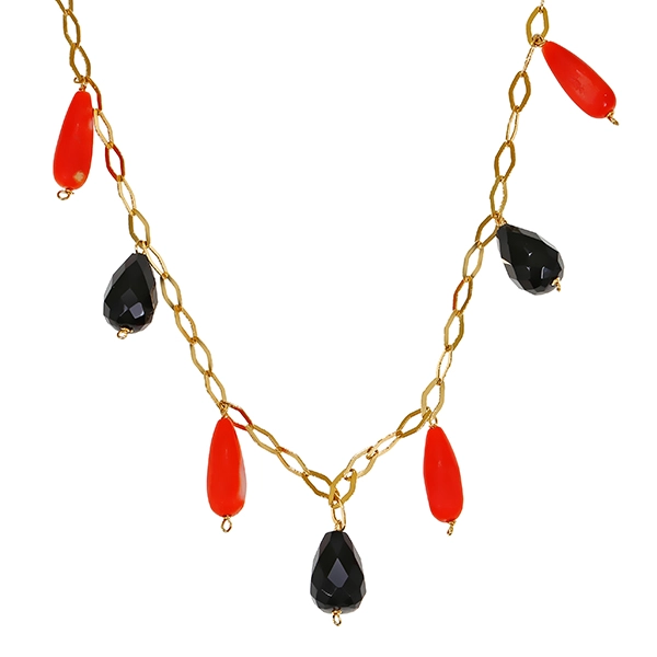 Collier, 18K, Gelbgold, Korallen, Onyx