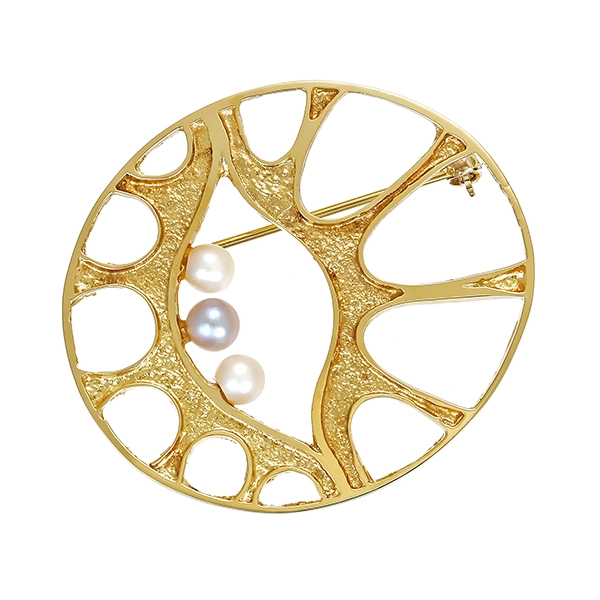 Brosche, 14K, Gelbgold, Perlen