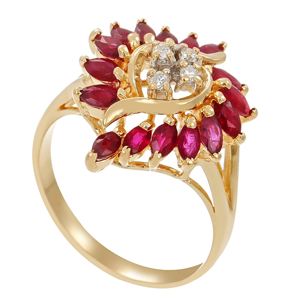 Ring, 14K, Gelbgold, Rubine, Brillanten 