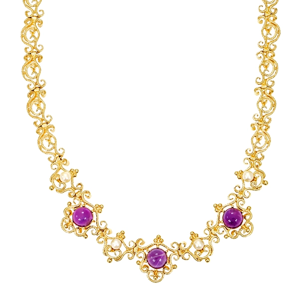 Collier, 14K, Gelbgold, Amethyst, Zuchtperlen 