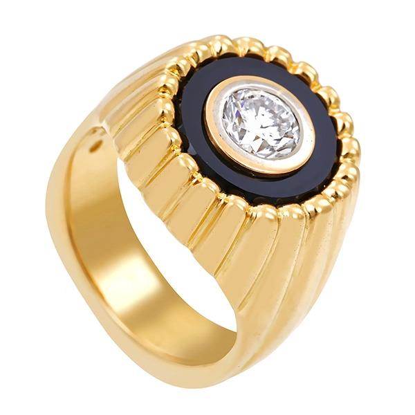 Herrenring, 18K, Gelbgold, Onyx, Brillant 1,00 ct