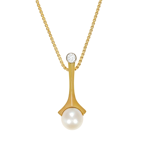 Collier, 18K, Gelbgold, Perle, Brillant 0,15 ct