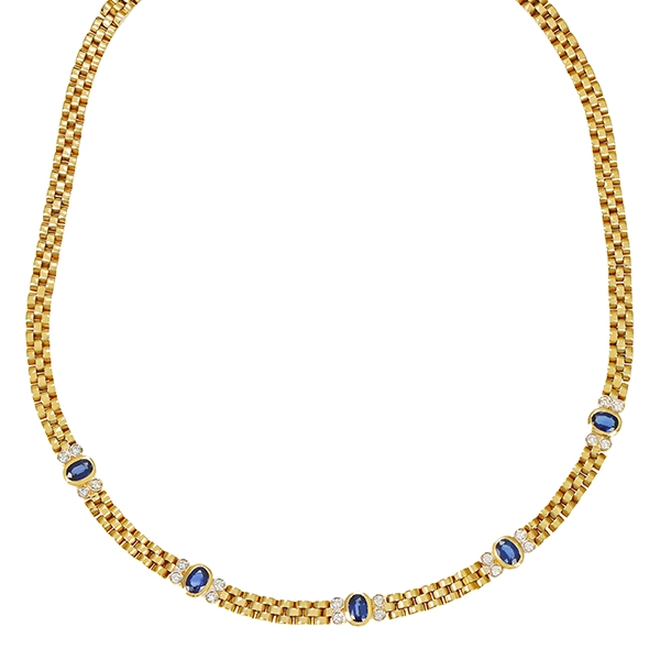 Collier, 14K, Gelbgold, Saphire, Brillanten