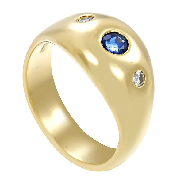 Herrenring, 14K, Gelbgold, Saphir, Brillanten