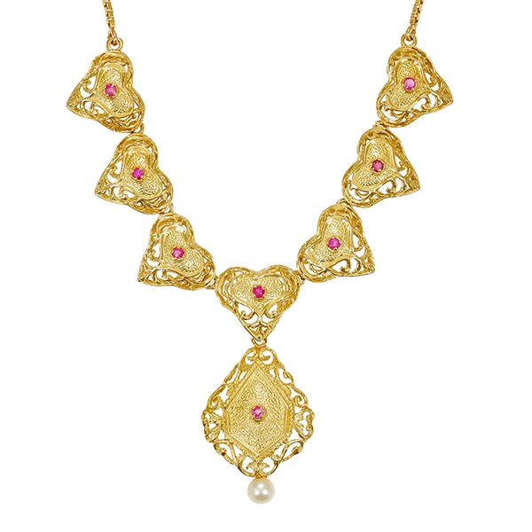 Collier, 18K, Gelbgold, Rubine, Perle, Herz