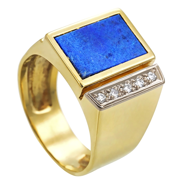 Herrenring, 14K, Gelb-/Weißgold, Lapis, Brillanten