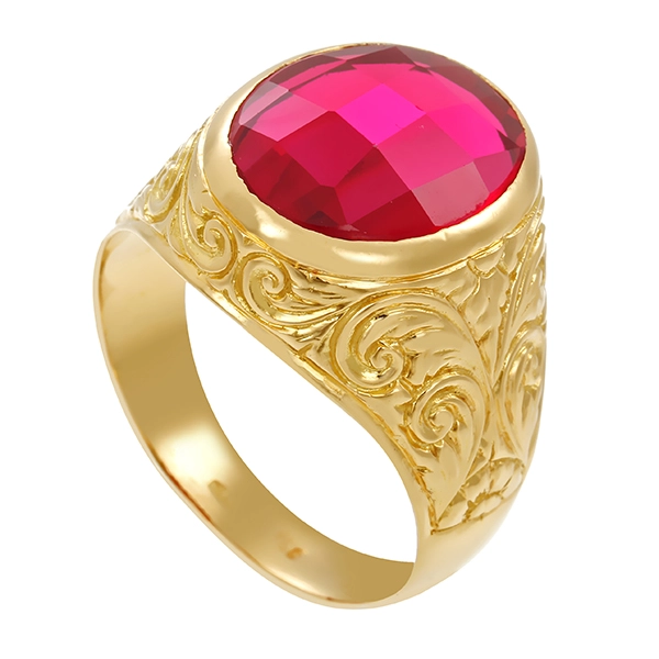 Herrenring, 18K, Gelbgold, synth. Korund