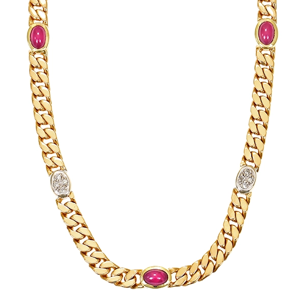 Collier, 14K, Gelbgold, Rubin, Diamanten