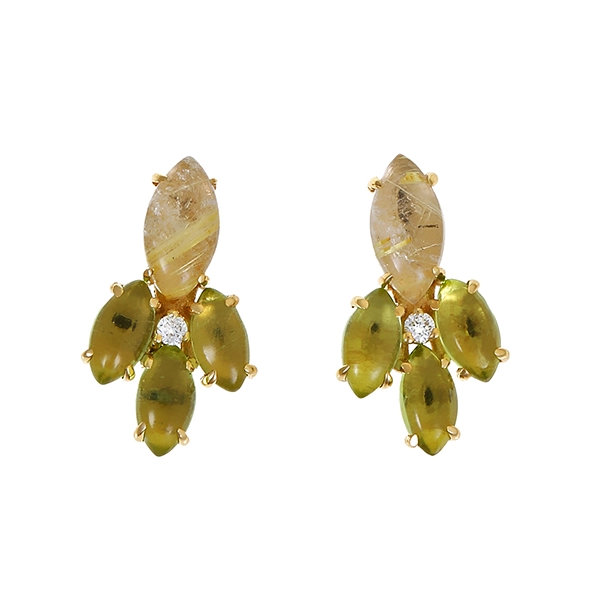 Ohrstecker, 14K, Gelbgold, Diamanten, Peridot, Rutilquarz