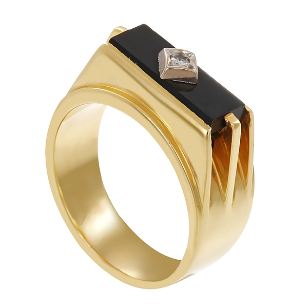 Herrenring, 14K, Gelb-/Weißgold, Onyx, Diamant