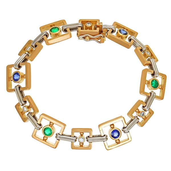 Armband, 18K, Gelb-/Weißgold, Smaragde, synthetische Saphire