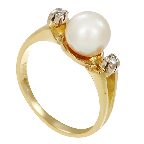 Ring, 14K, Gelbgold, Perle, Diamanten