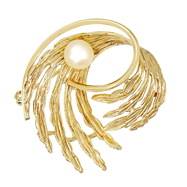 Brosche, 14K, Gelbgold, Perle